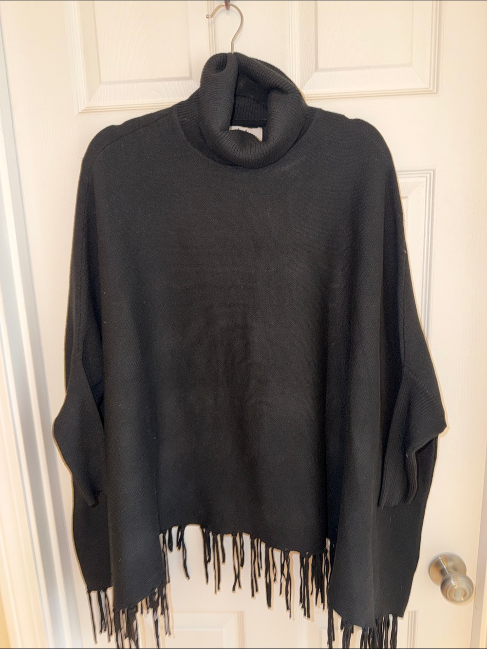 Magaschoni Black Fringe Turtleneck Poncho Style 3/4 Sleeve Sweater